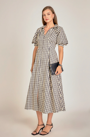 ENGLISH FACTORY GINGHAM CHECK MIDI DRESS IN BLACK