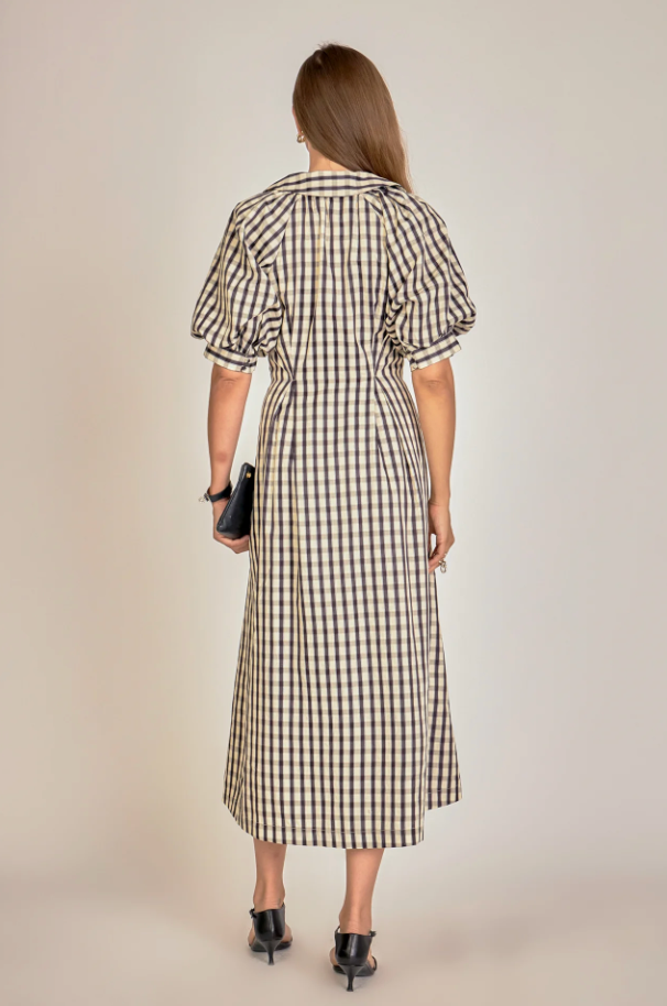 ENGLISH FACTORY GINGHAM CHECK MIDI DRESS IN BLACK