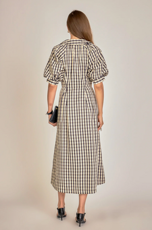 ENGLISH FACTORY GINGHAM CHECK MIDI DRESS IN BLACK