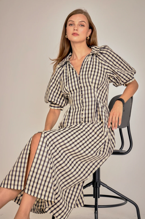 ENGLISH FACTORY GINGHAM CHECK MIDI DRESS IN BLACK