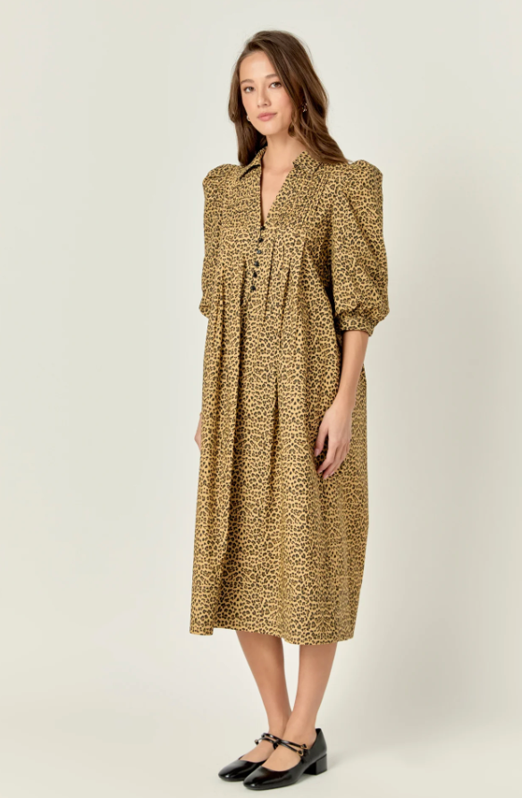 ENGLISH FACTORY THEO MIDI DRESS IN LEOPARD