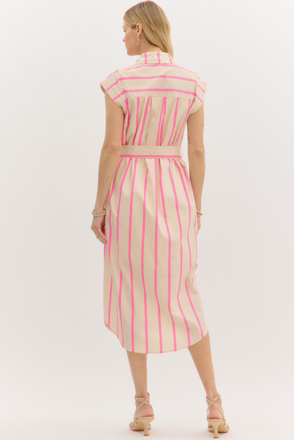 CAP SLEEVED BELTED BUTTON-DOWN MIDI DRESS IN PINK