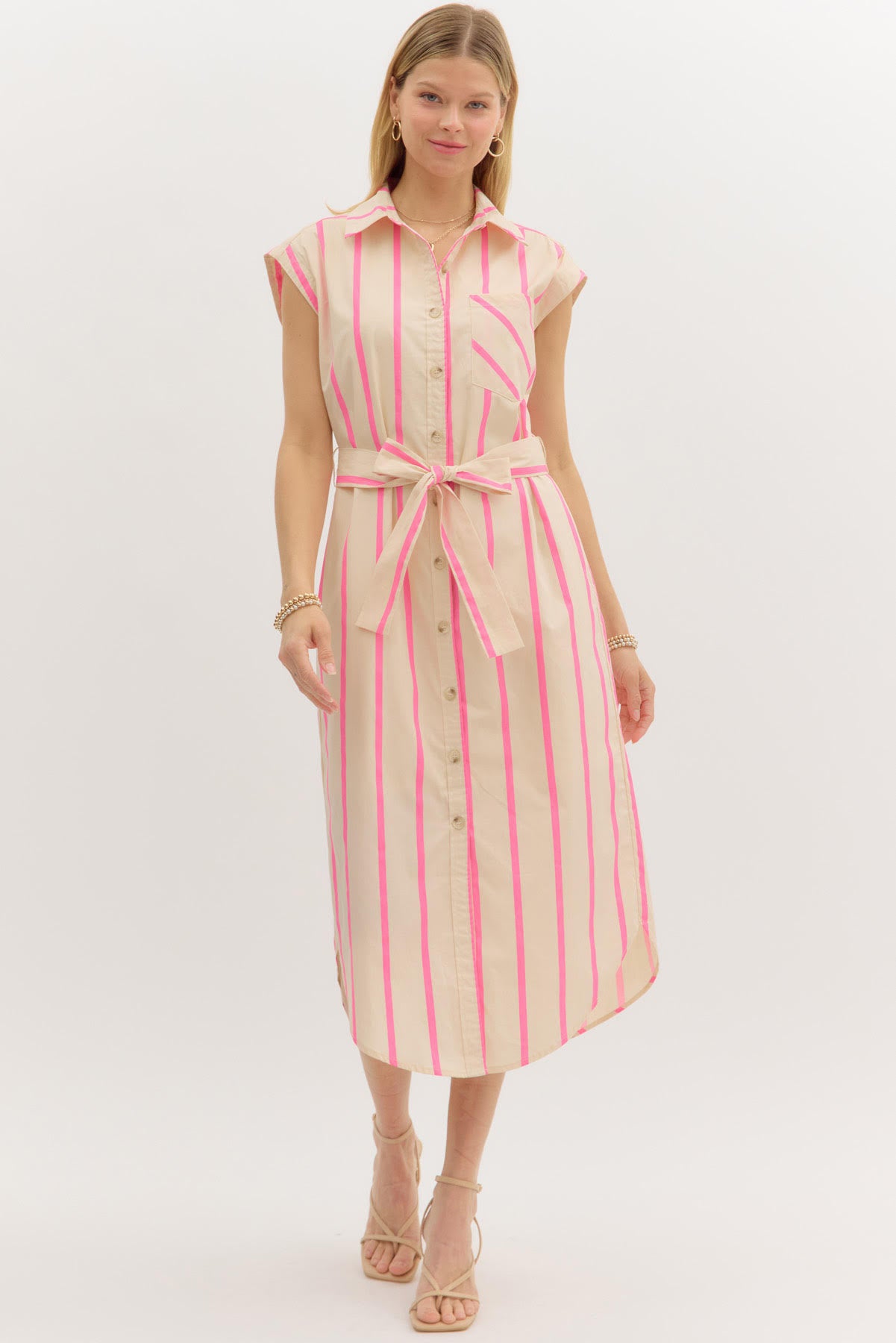 CAP SLEEVED BELTED BUTTON-DOWN MIDI DRESS IN PINK
