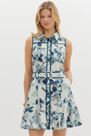 BOTANICAL SHIRT DRESS IN BLUE
