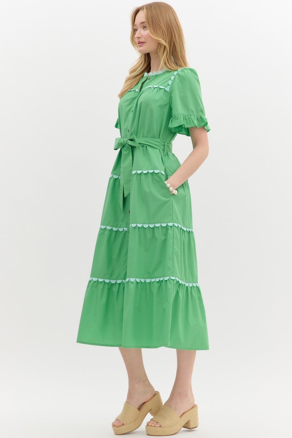 CAMILLE SCALLOPED TIERED MIDI DRESS IN GREEN