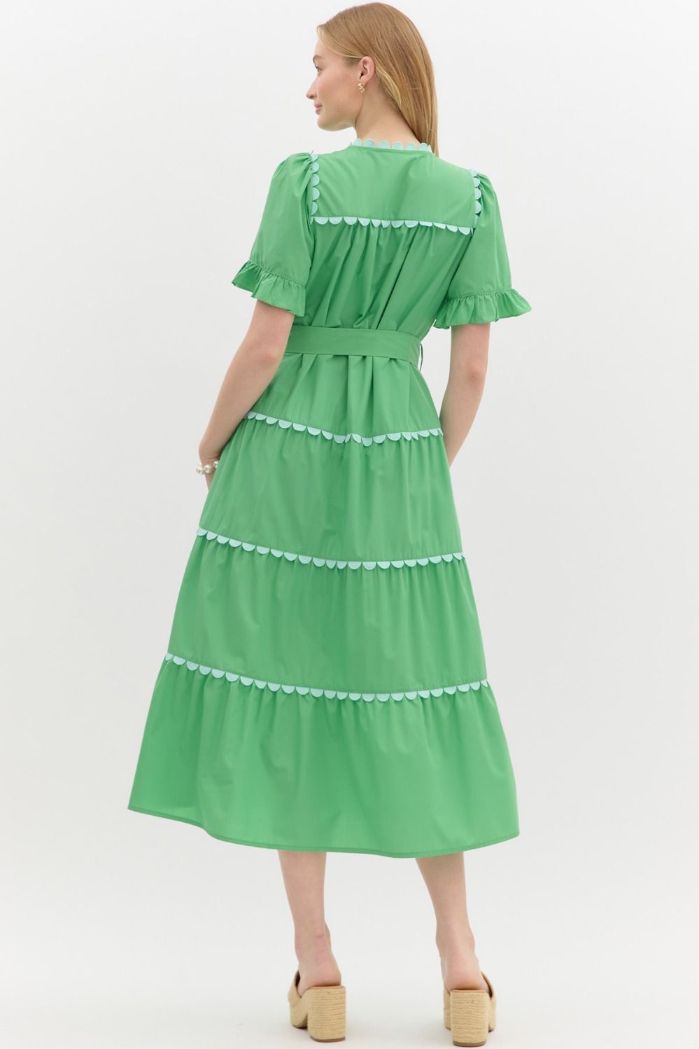 CAMILLE SCALLOPED TIERED MIDI DRESS IN GREEN