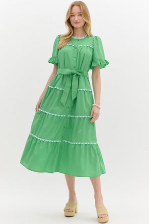 CAMILLE SCALLOPED TIERED MIDI DRESS IN GREEN