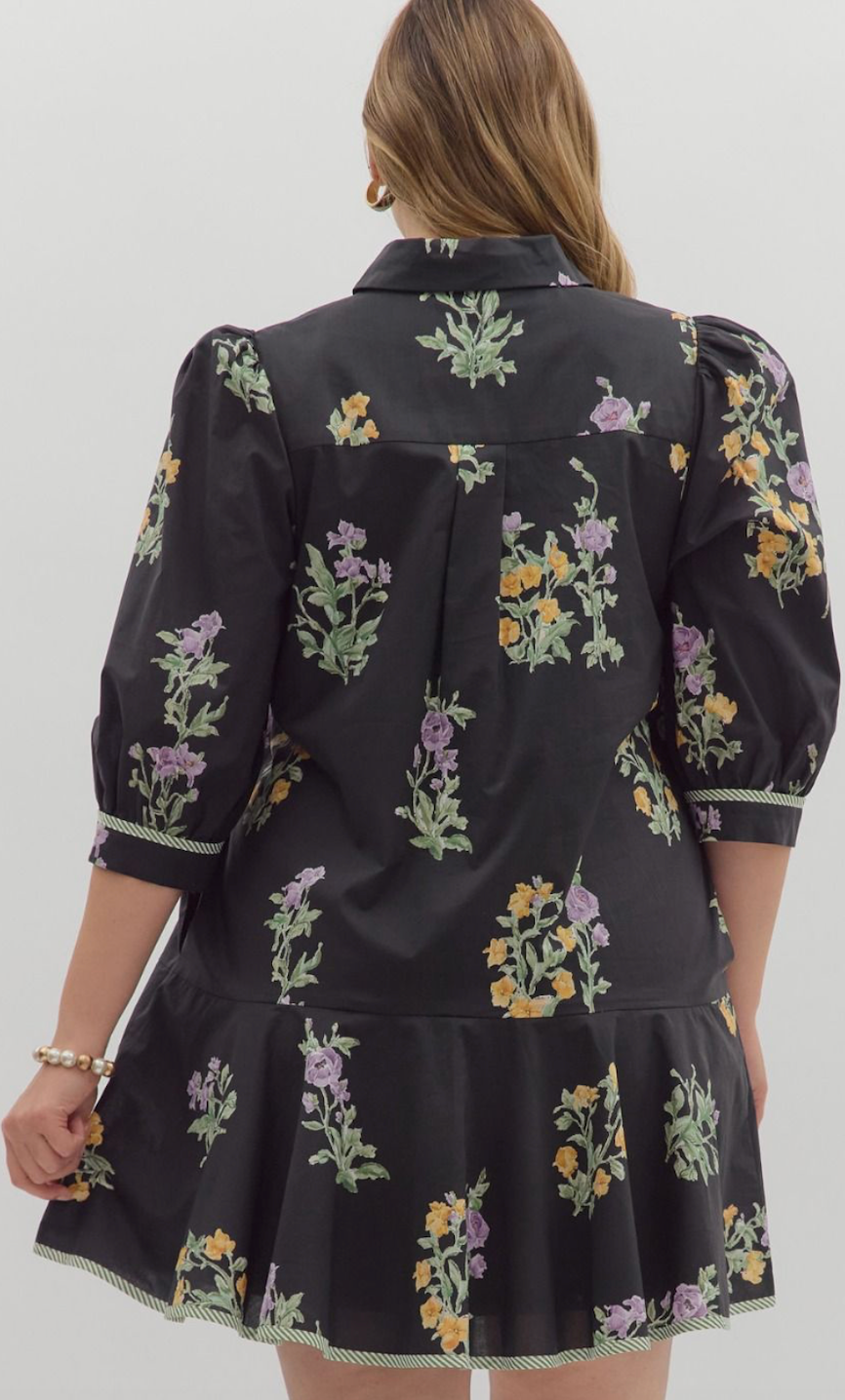 CHARLOTTE FLORAL SHIRT DRESS IN BLACK: PLUS SIZE