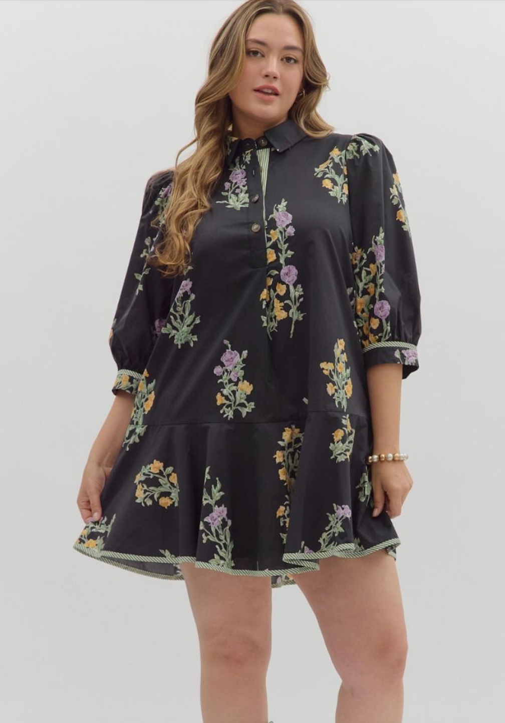 CHARLOTTE FLORAL SHIRT DRESS IN BLACK: PLUS SIZE