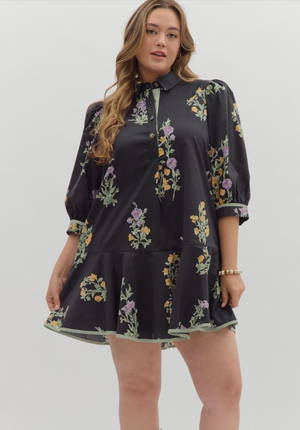 CHARLOTTE FLORAL SHIRT DRESS IN BLACK: PLUS SIZE