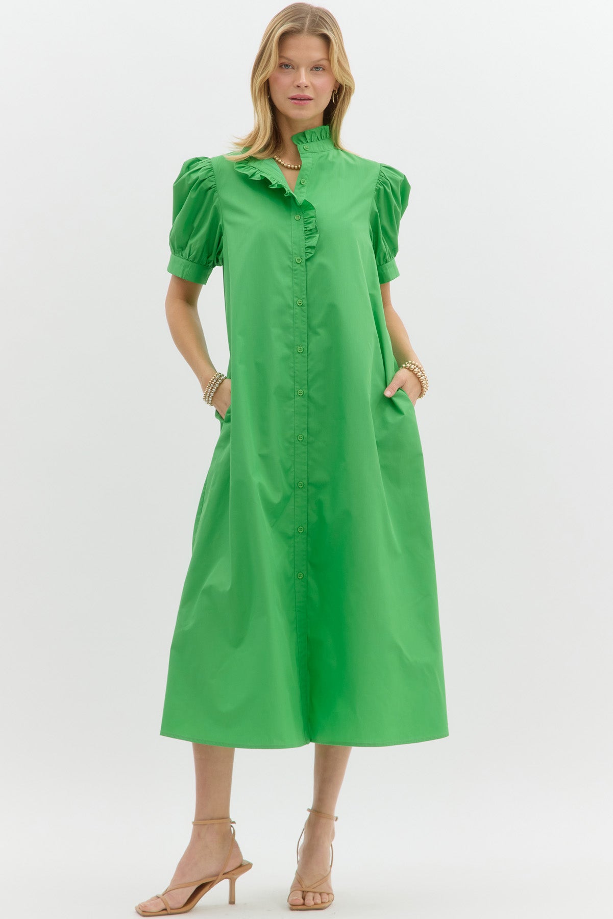 CHARLOTTE RUFFLE SHIRT DRESS IN KELLY GREEN