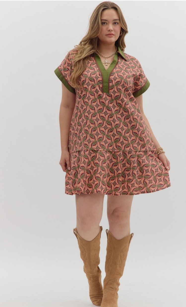 COLLARED MINI DRESS IN TERRA COTTA