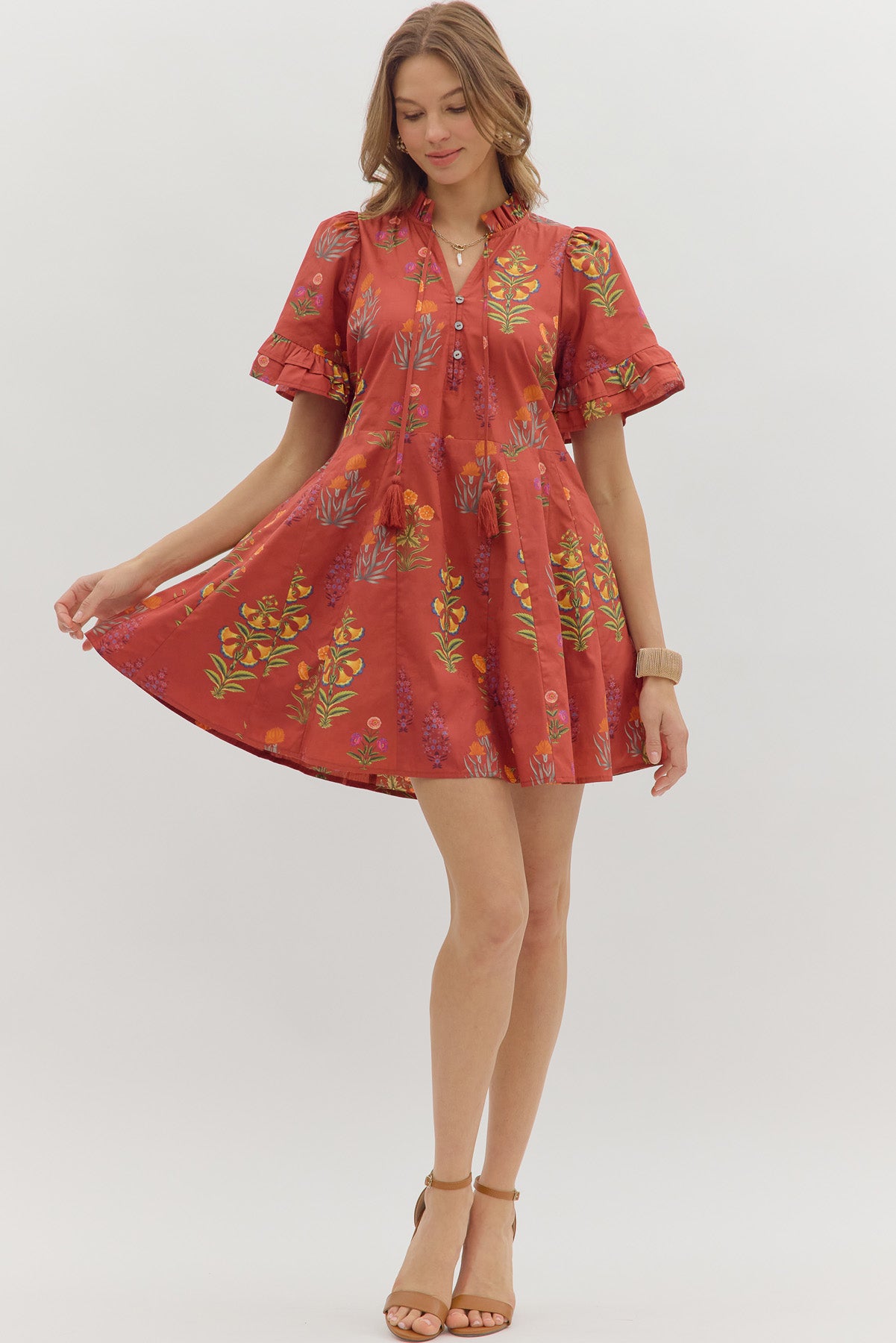 DAHLIA FLORAL MINI DRESS IN BRICK