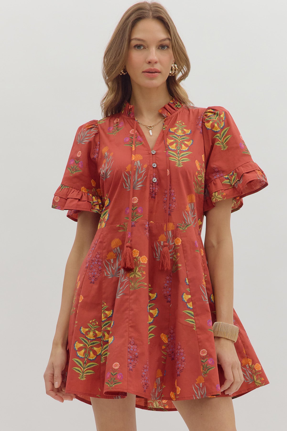 DAHLIA FLORAL MINI DRESS IN BRICK