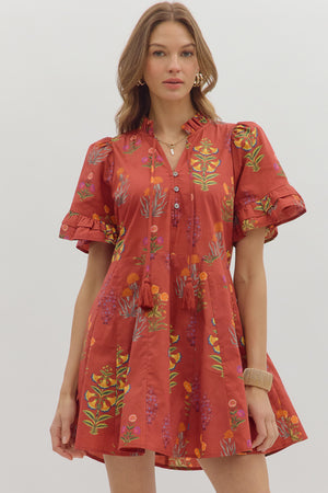 DAHLIA FLORAL MINI DRESS IN BRICK