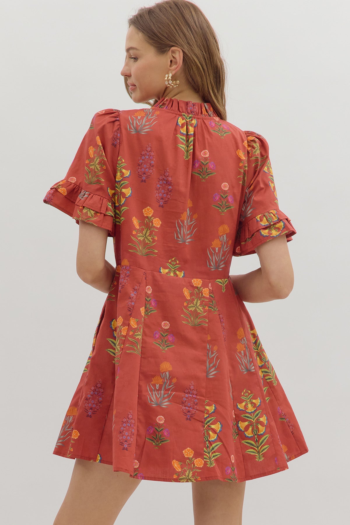 DAHLIA FLORAL MINI DRESS IN BRICK