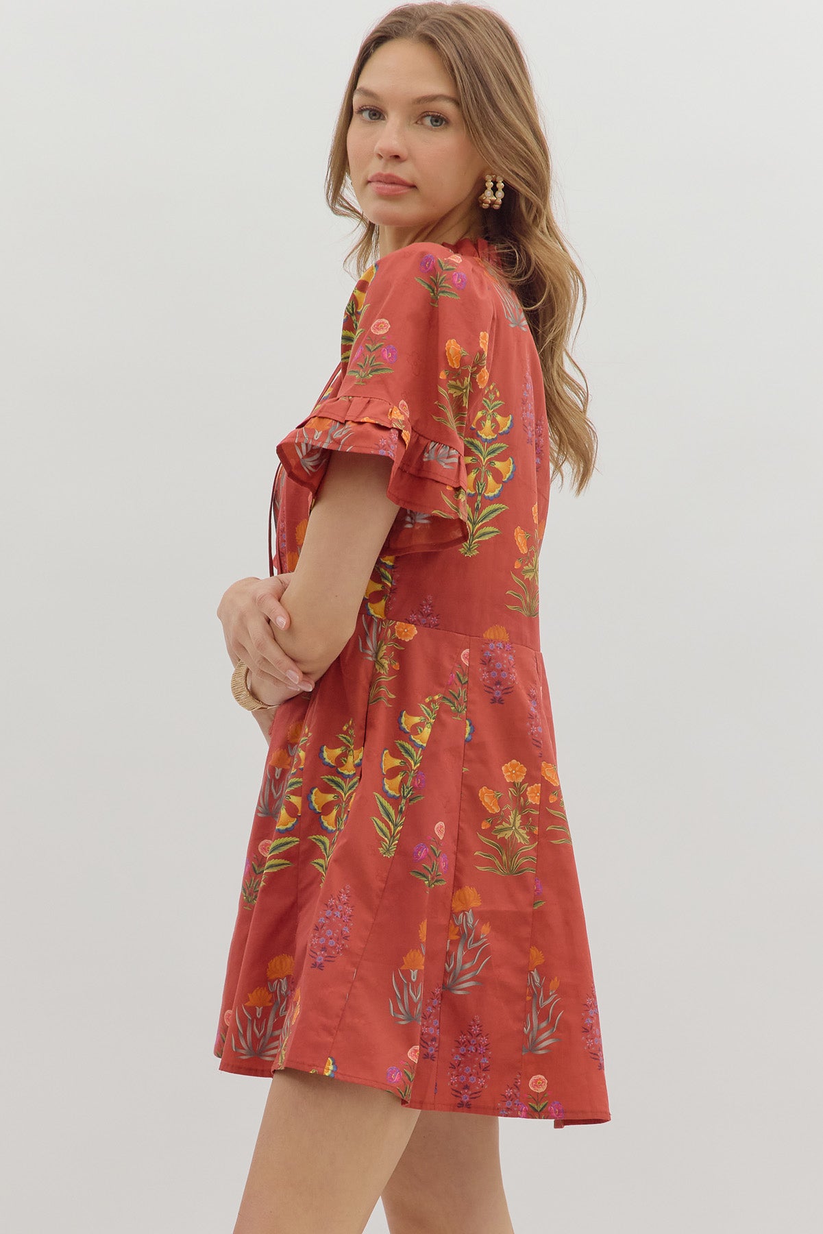 DAHLIA FLORAL MINI DRESS IN BRICK