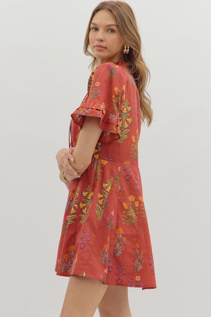 DAHLIA FLORAL MINI DRESS IN BRICK