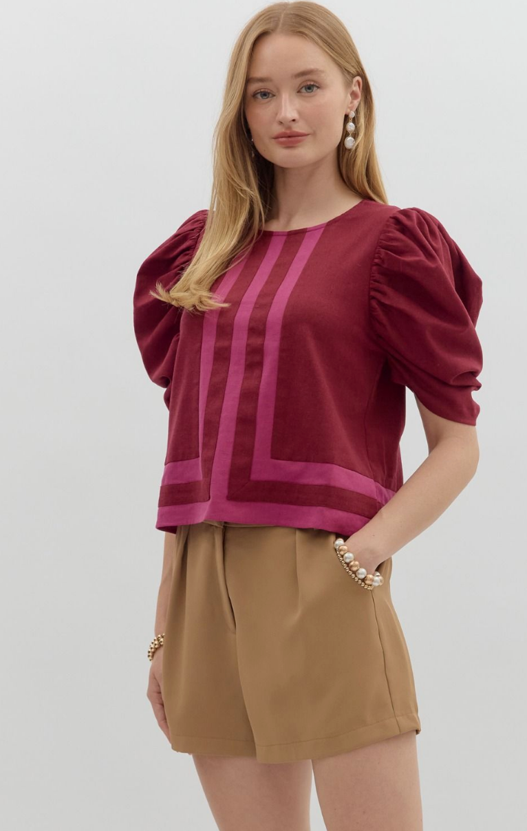 DRAPED SLEEVE TOP IN BURGUNDY