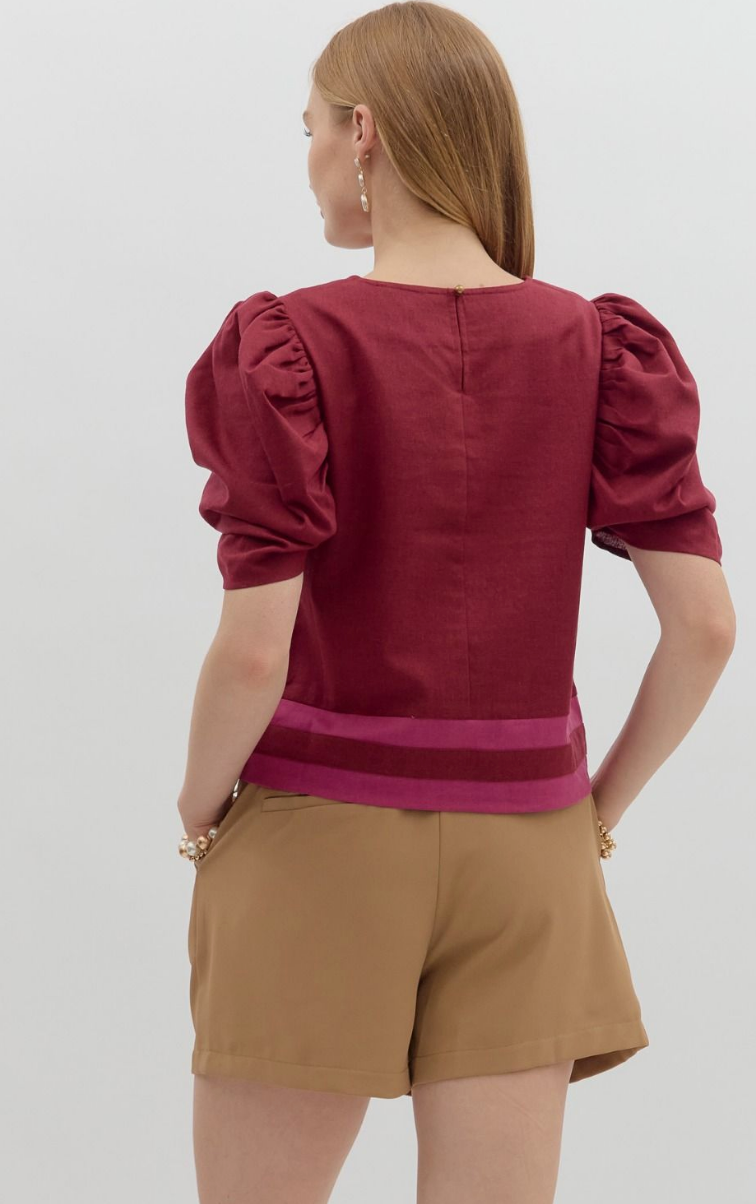 DRAPED SLEEVE TOP IN BURGUNDY