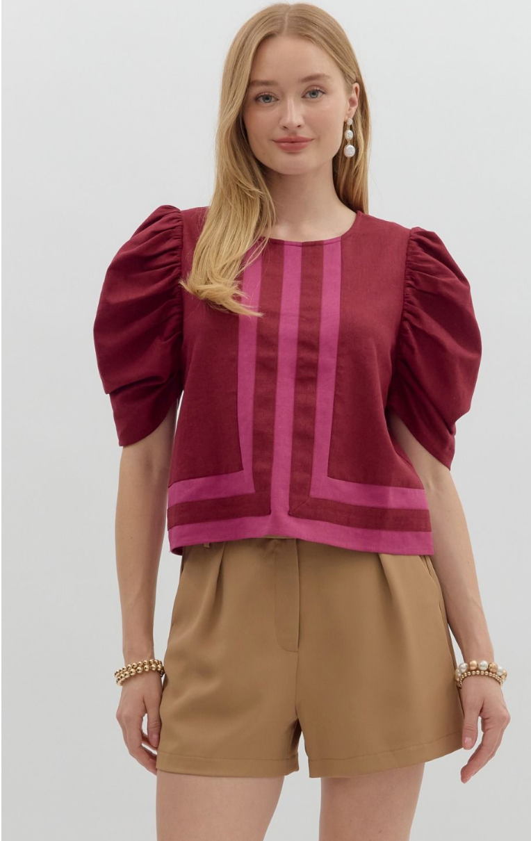 DRAPED SLEEVE TOP IN BURGUNDY