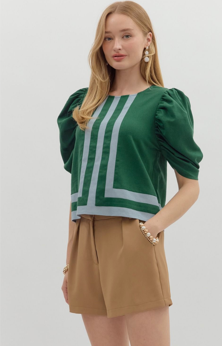 DRAPED SLEEVE TOP IN HUNTER GREEN