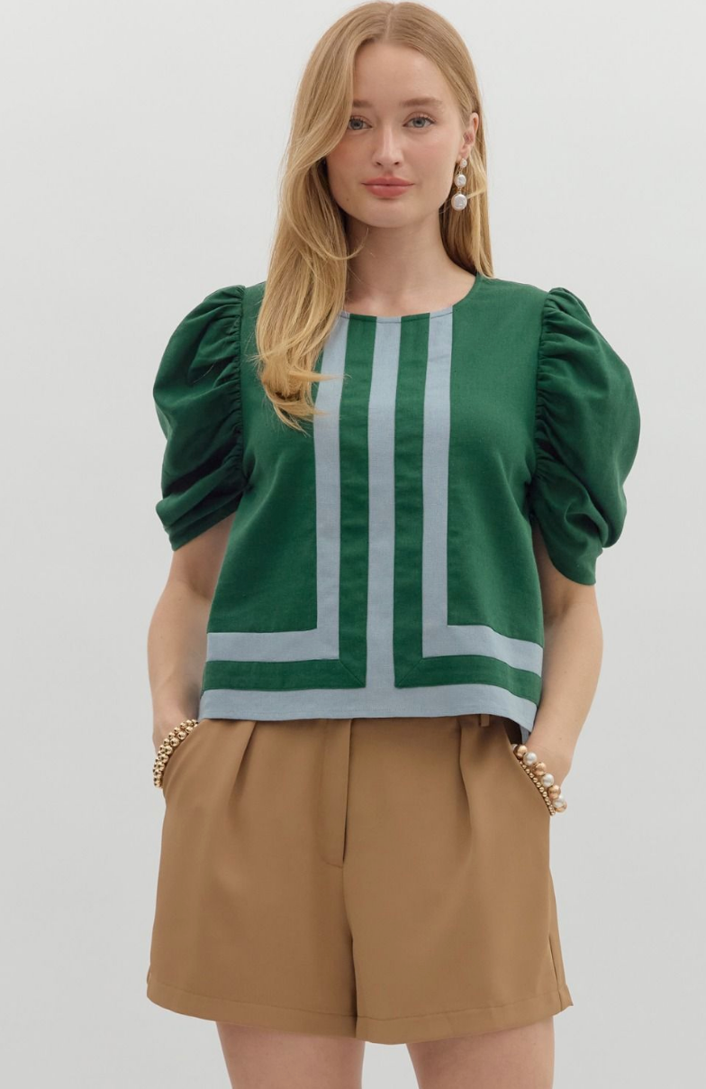 DRAPED SLEEVE TOP IN HUNTER GREEN