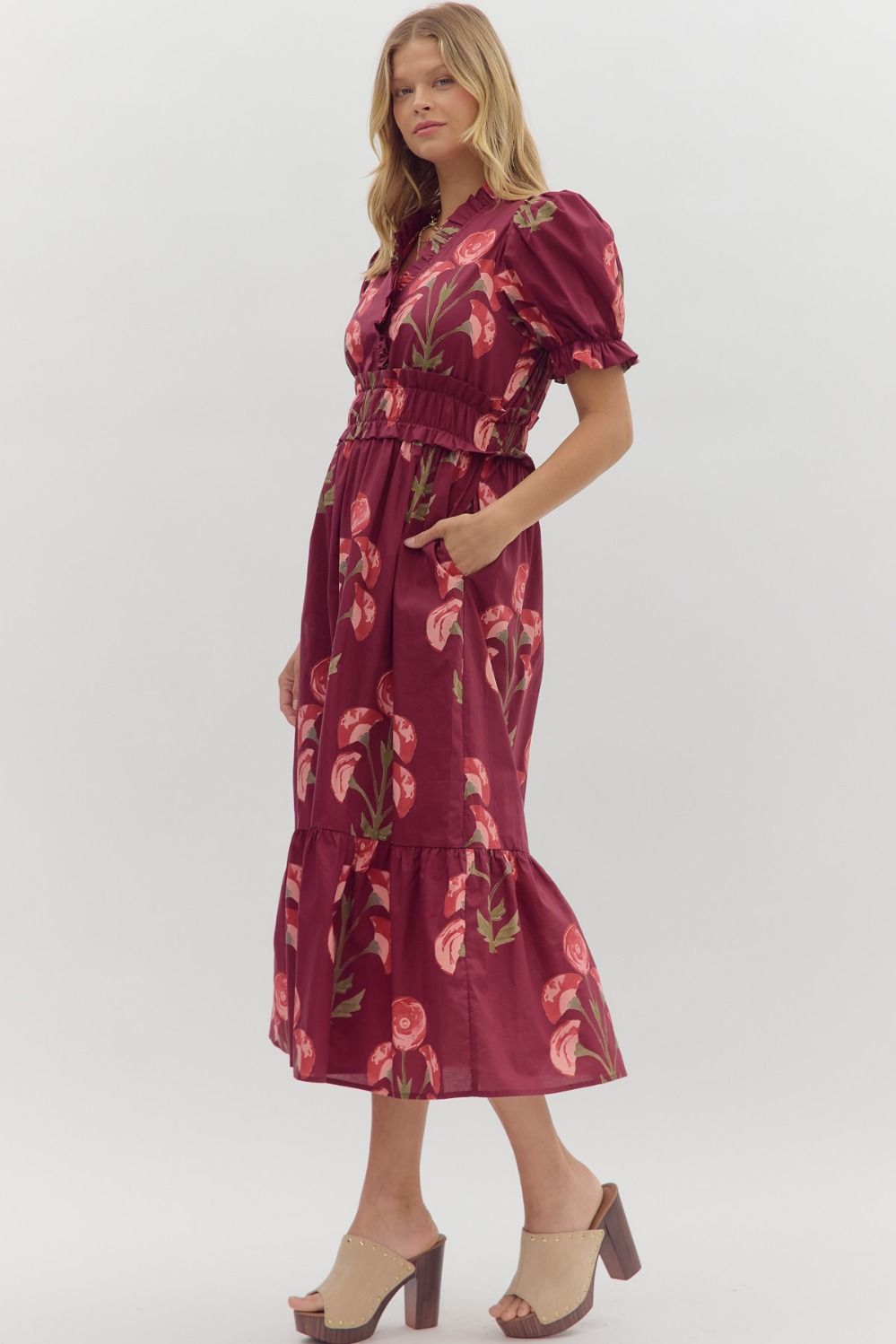 ELODIE FLORAL MIDI DRESS IN WINE