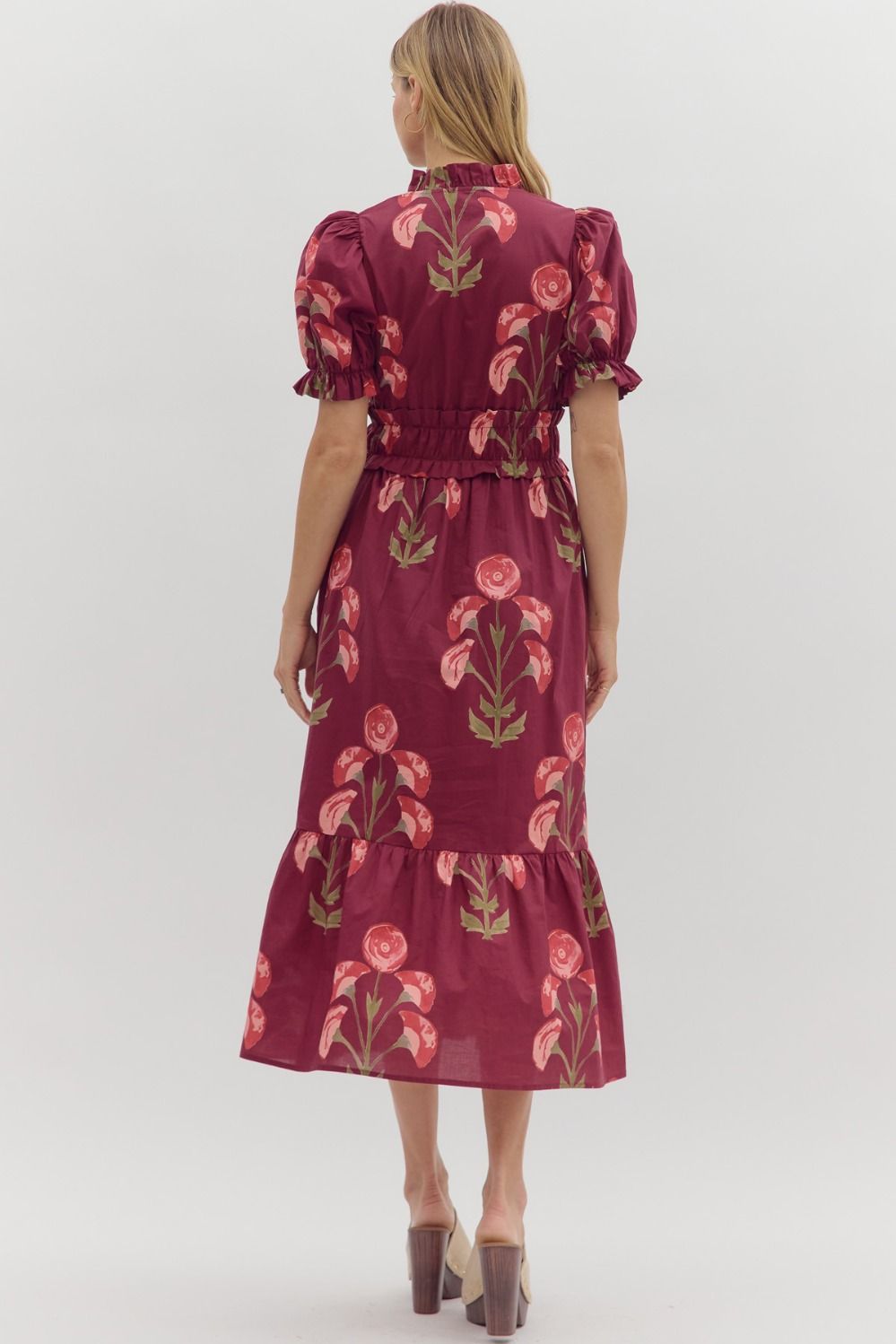 ELODIE FLORAL MIDI DRESS IN WINE
