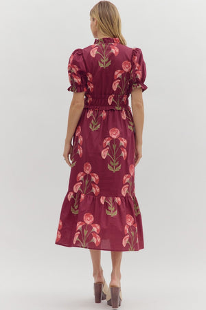 ELODIE FLORAL MIDI DRESS IN WINE
