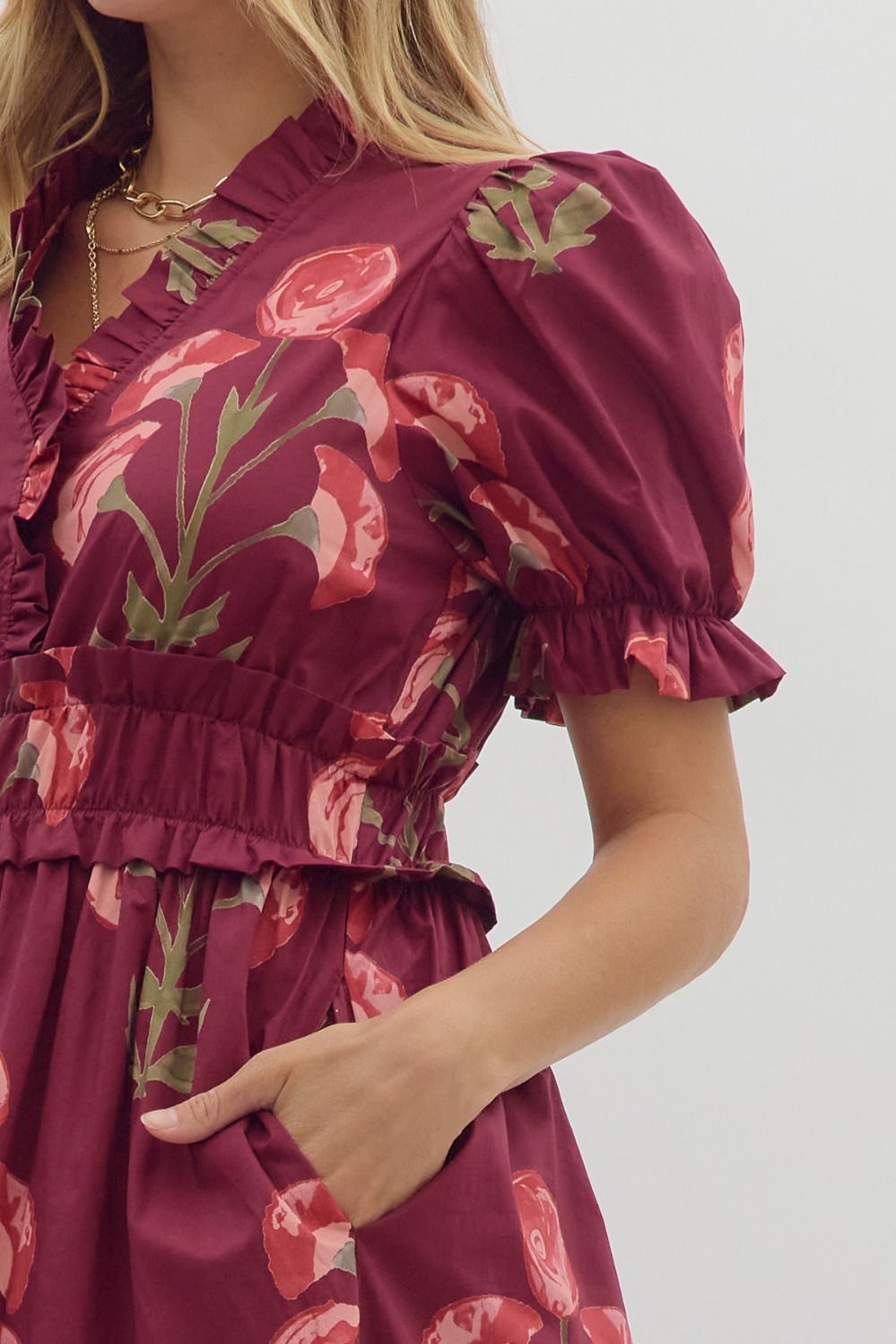 ELODIE FLORAL MIDI DRESS IN WINE