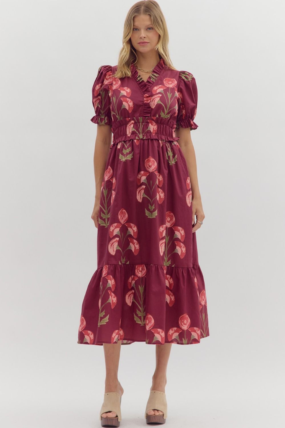 ELODIE FLORAL MIDI DRESS IN WINE