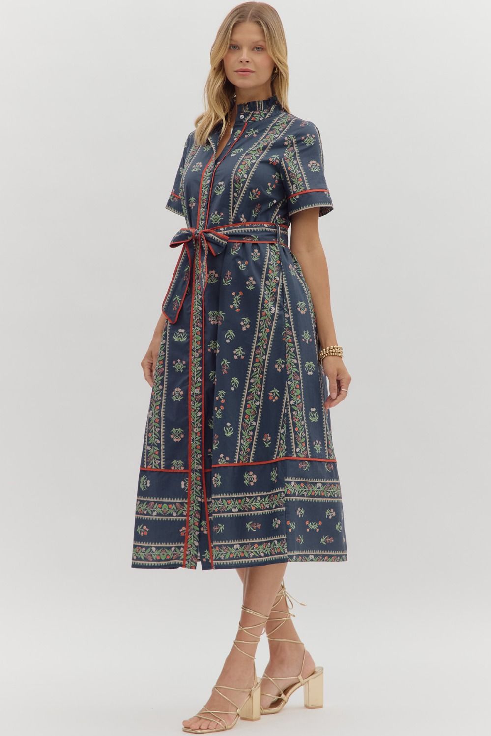 EMILIA BELTED MIDI DRESS IN NAVY