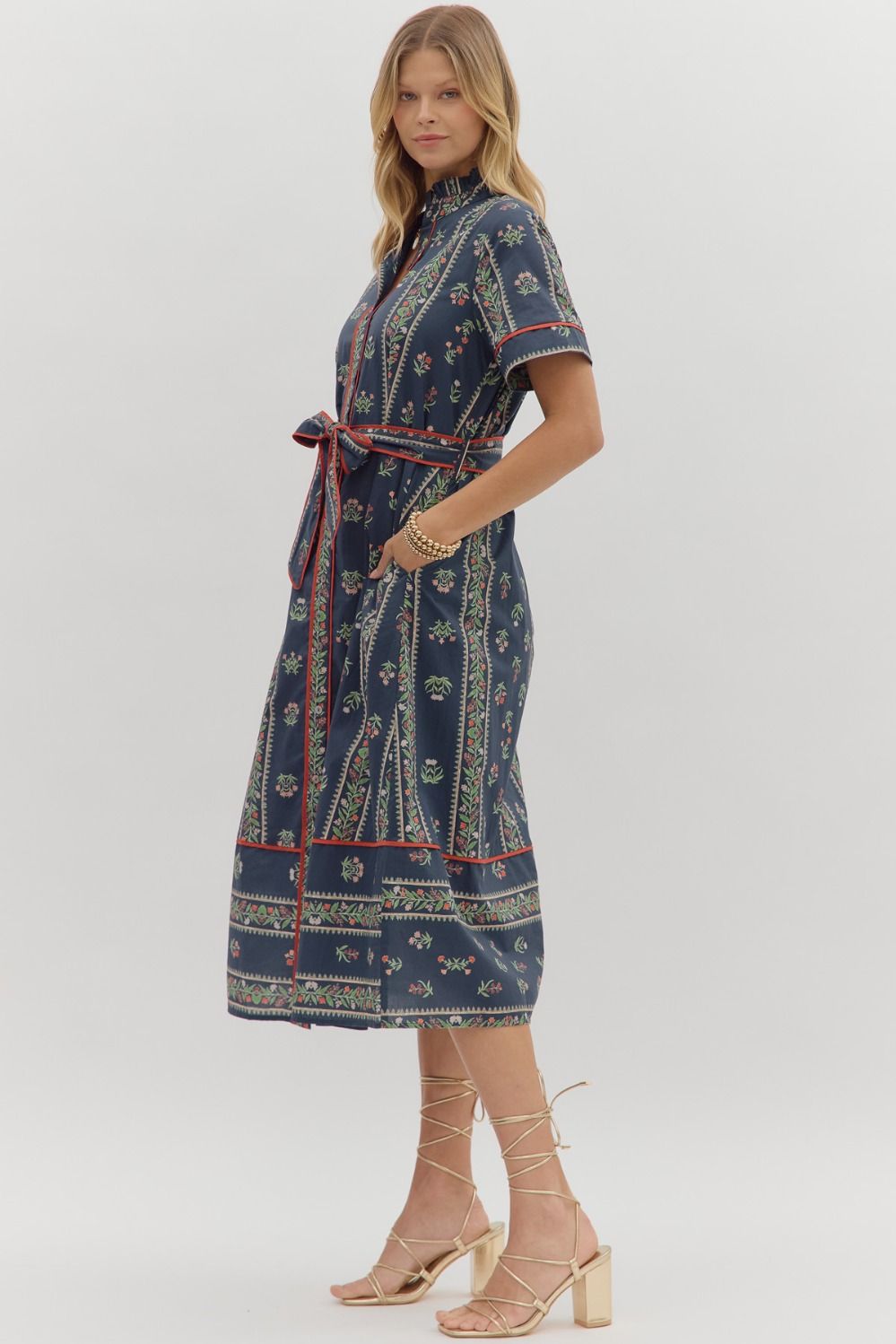 EMILIA BELTED MIDI DRESS IN NAVY