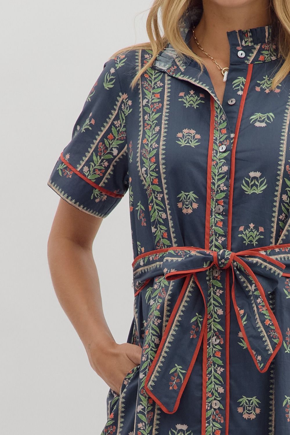 EMILIA BELTED MIDI DRESS IN NAVY