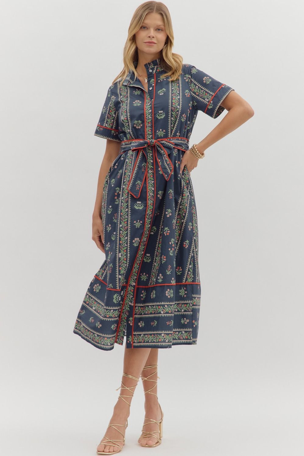 EMILIA BELTED MIDI DRESS IN NAVY