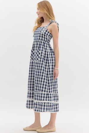 IVY GINGHAM MIDI DRESS IN NAVY
