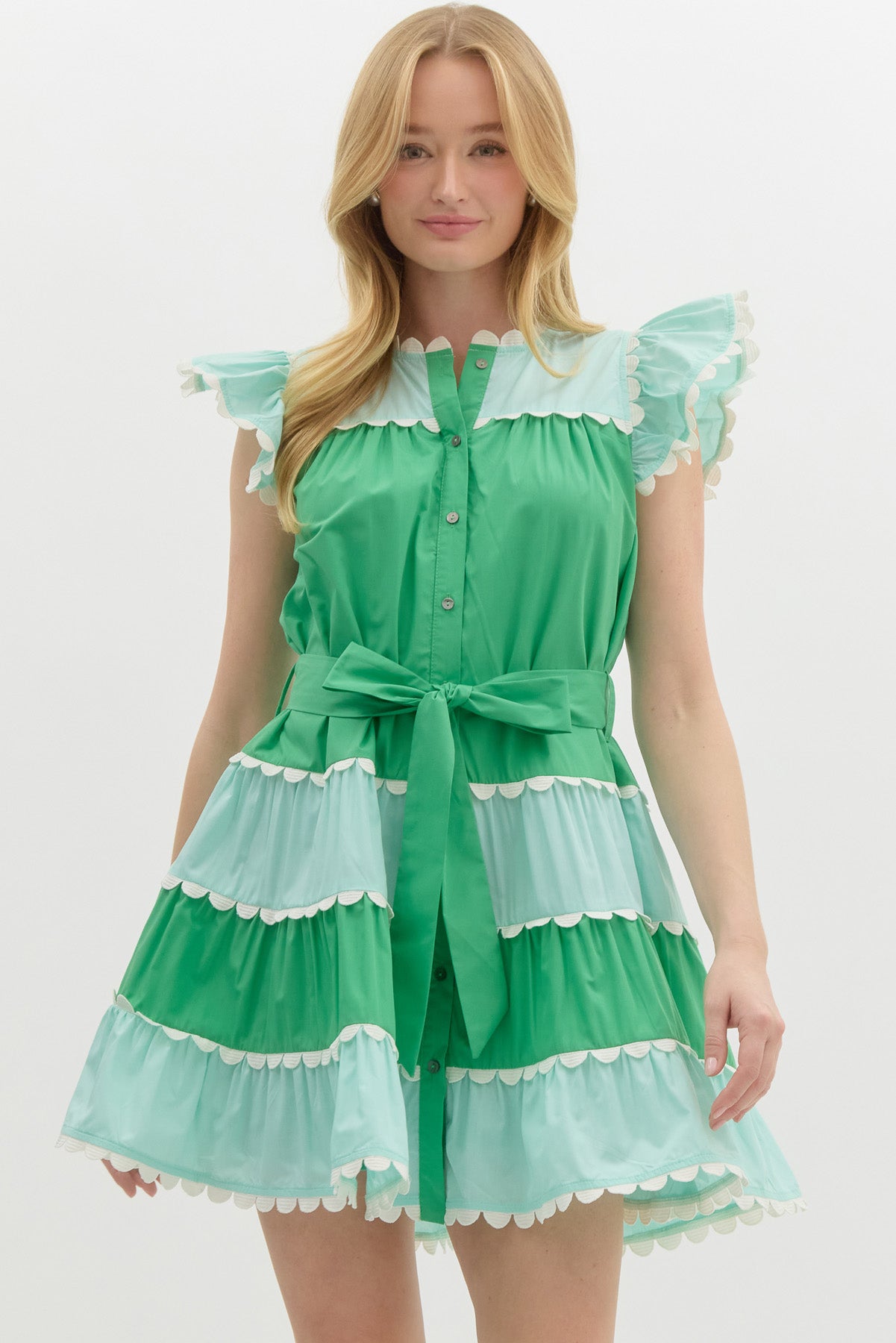 ANNABELLE TIERED MINI DRESS IN GREEN