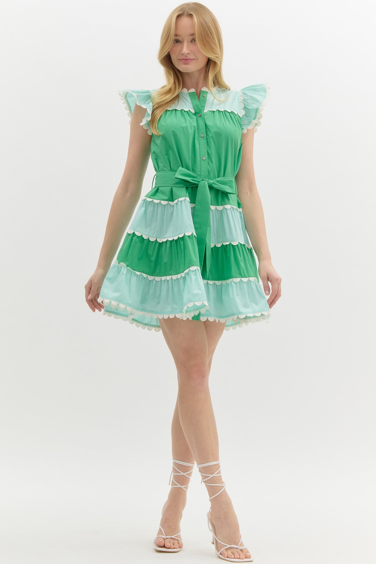 ANNABELLE TIERED MINI DRESS IN GREEN
