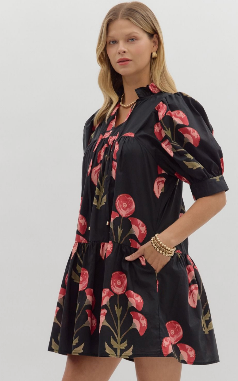 FLORAL BLACK MINI DRESS