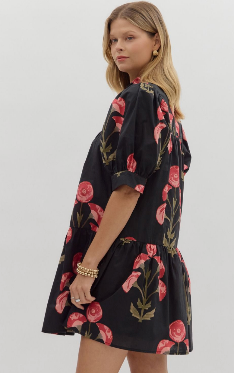 FLORAL BLACK MINI DRESS