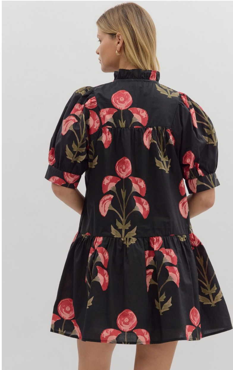 FLORAL BLACK MINI DRESS