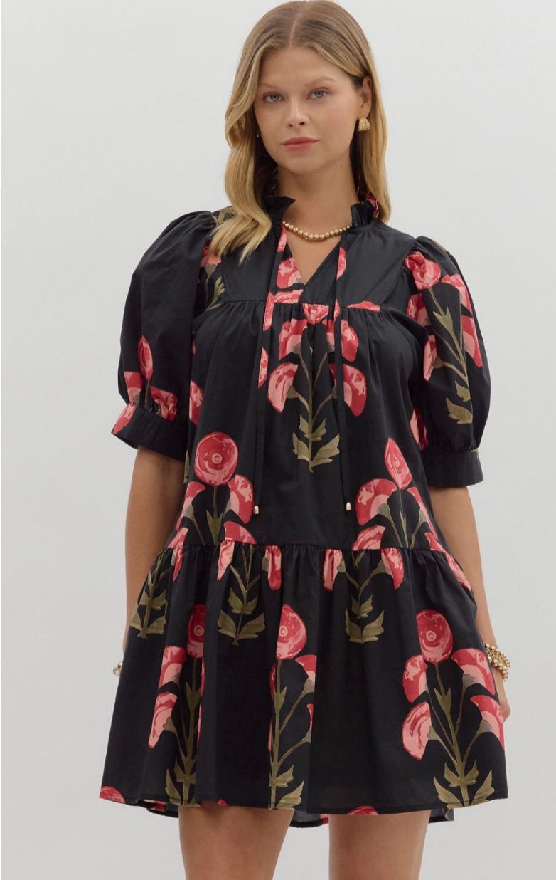 FLORAL BLACK MINI DRESS