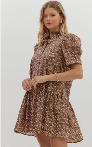 FLORAL COLLARED MINI DRESS WITH PUFF SLEEVES IN BROWN