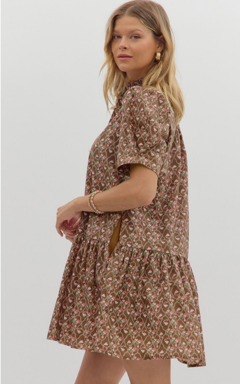 FLORAL COLLARED MINI DRESS WITH PUFF SLEEVES IN BROWN