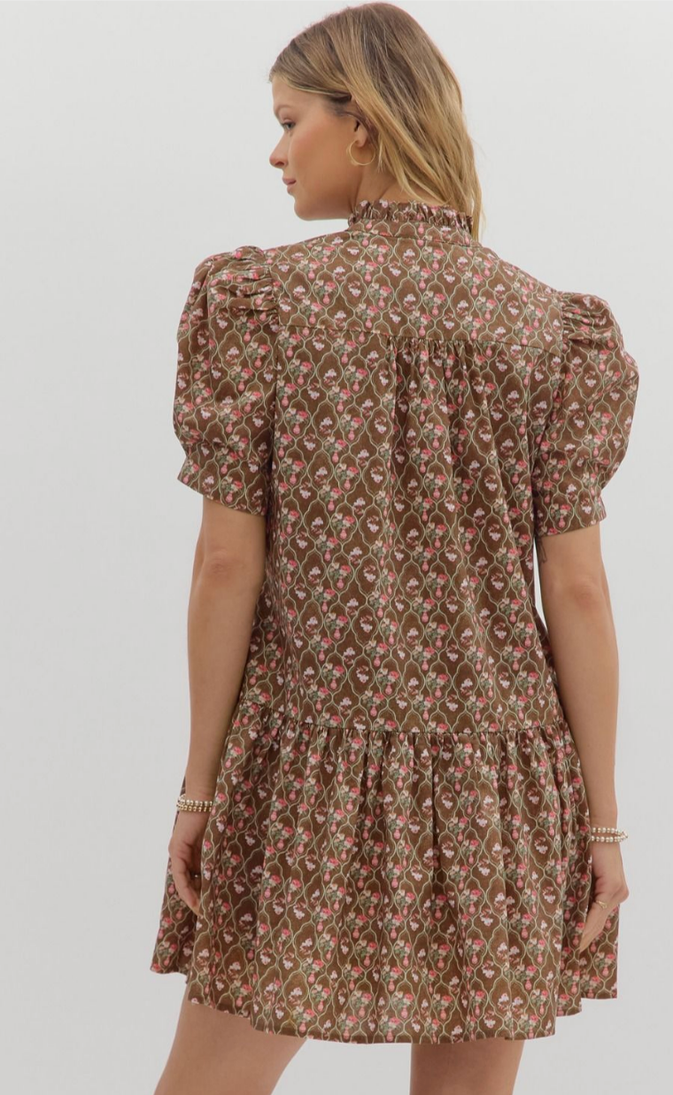 FLORAL COLLARED MINI DRESS WITH PUFF SLEEVES IN BROWN