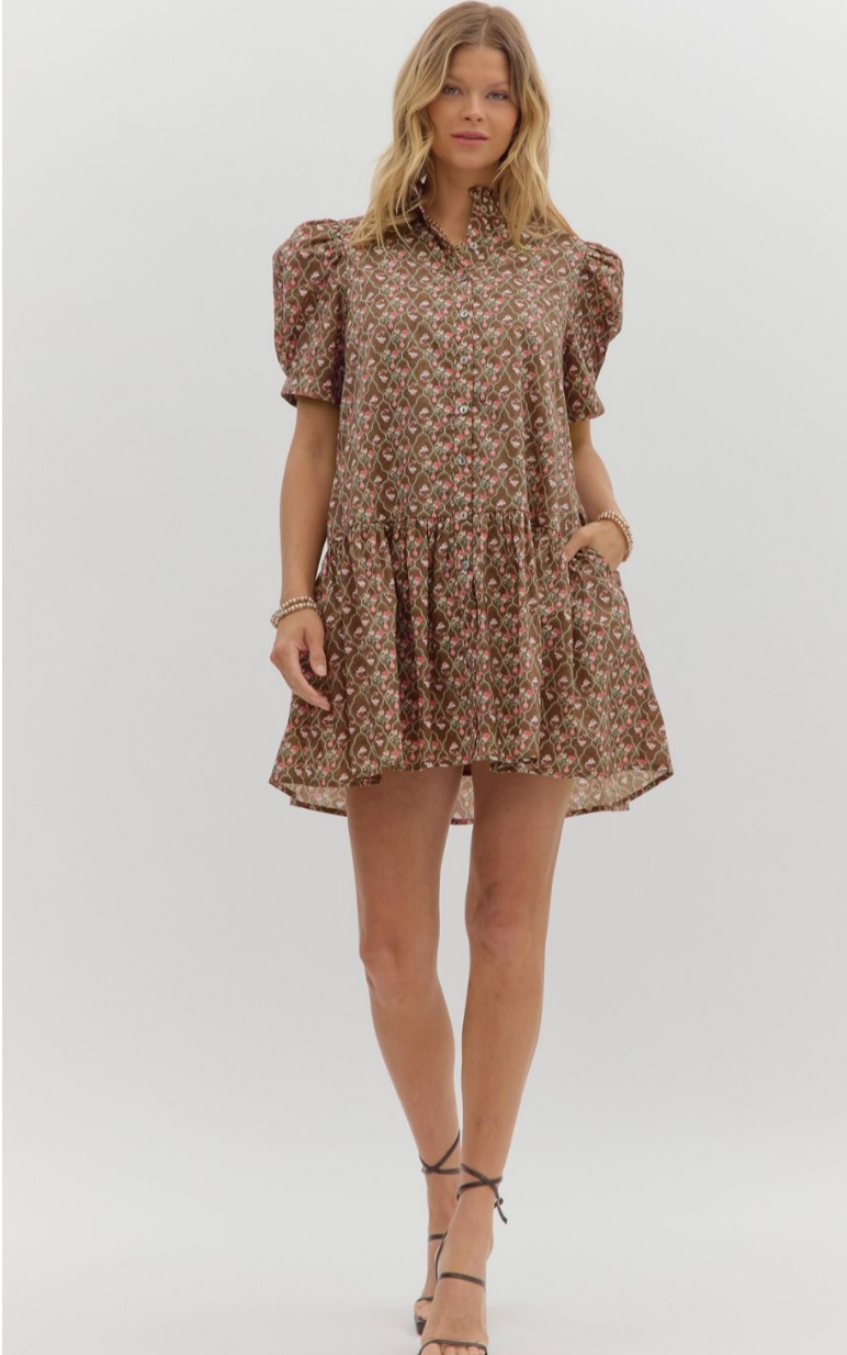 FLORAL COLLARED MINI DRESS WITH PUFF SLEEVES IN BROWN