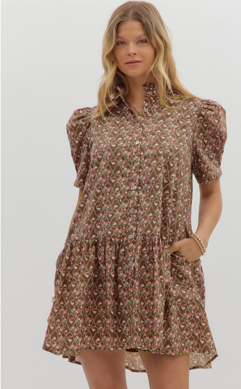 FLORAL COLLARED MINI DRESS WITH PUFF SLEEVES IN BROWN