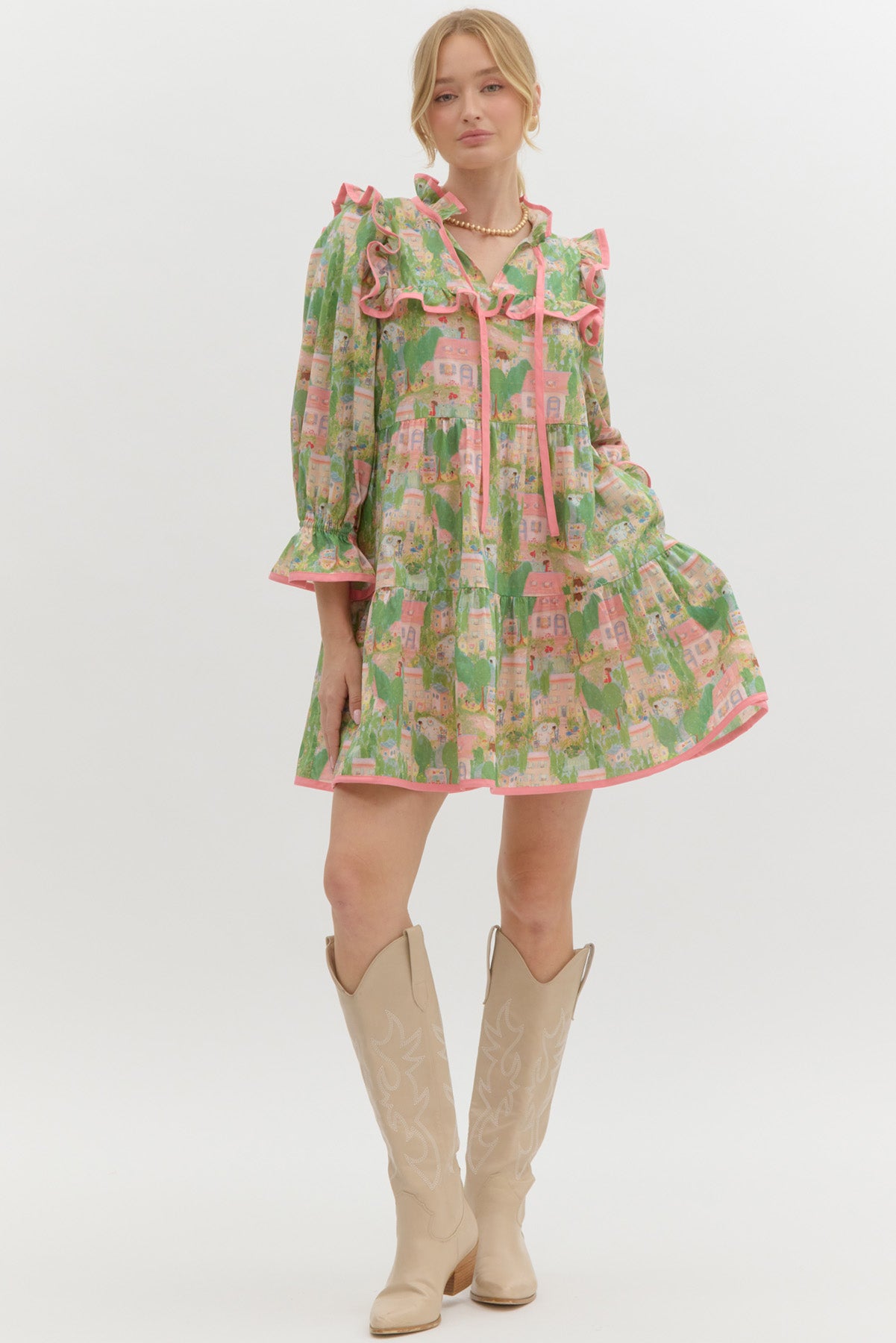 FLORAL DROP WAIST DRESS IN GREEN