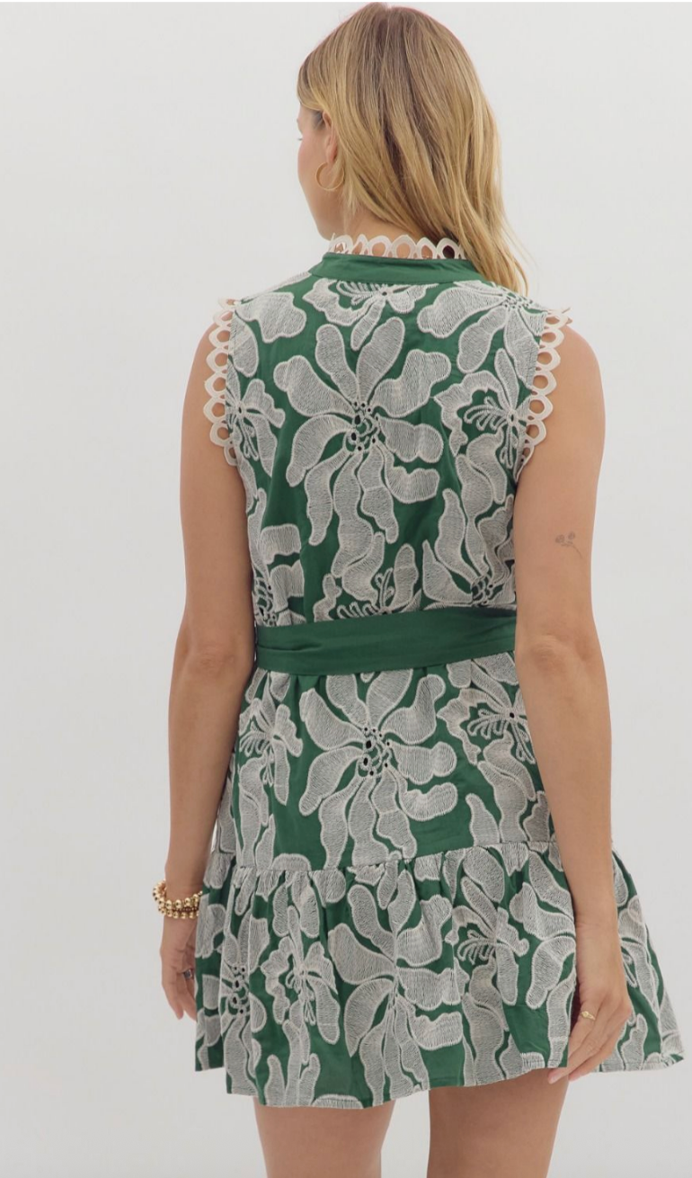 FLORAL EMBROIDERED SLEEVELESS MINI DRESS IN GREEN